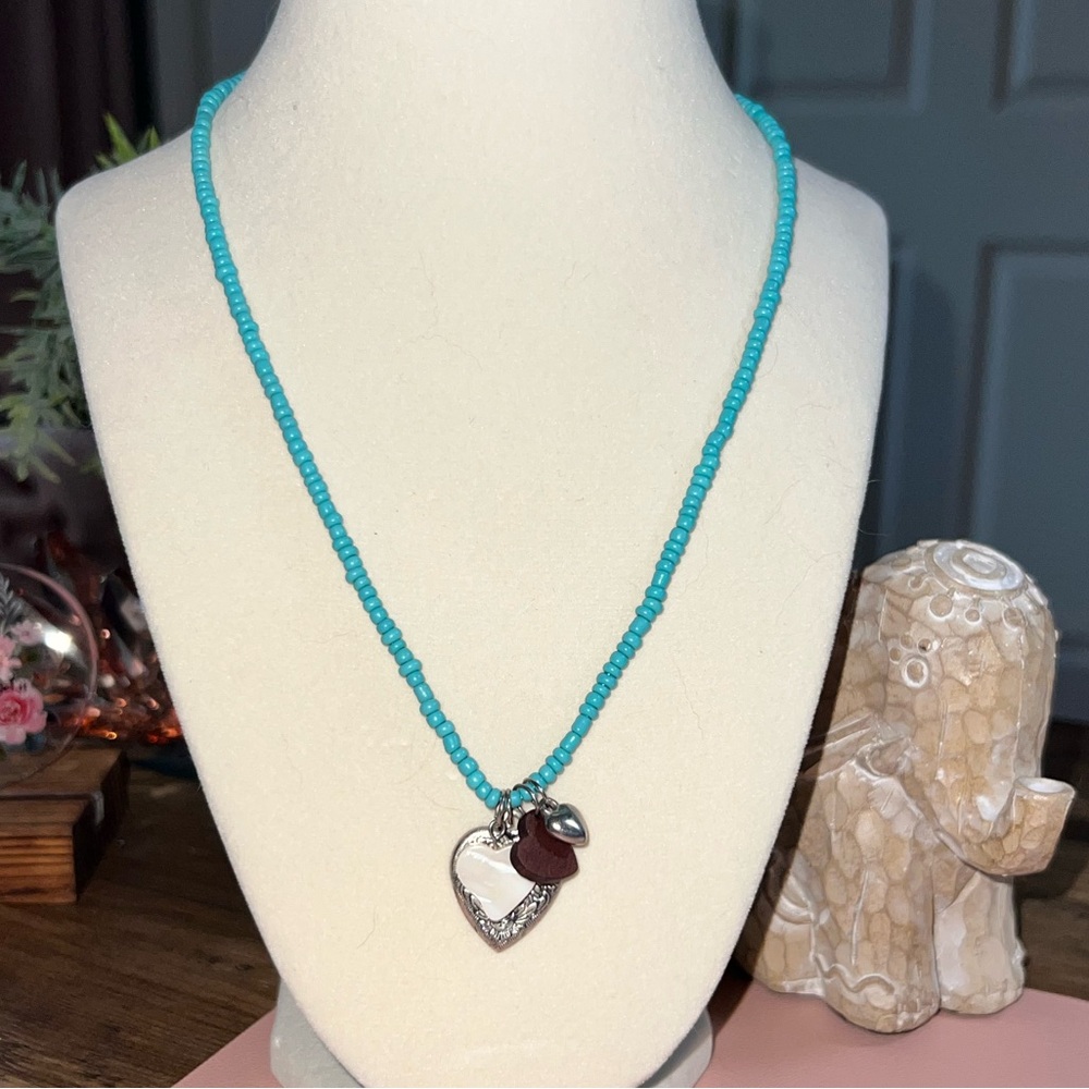 EUC - Turquoise Beaded Necklace with 4 Heart Pendants